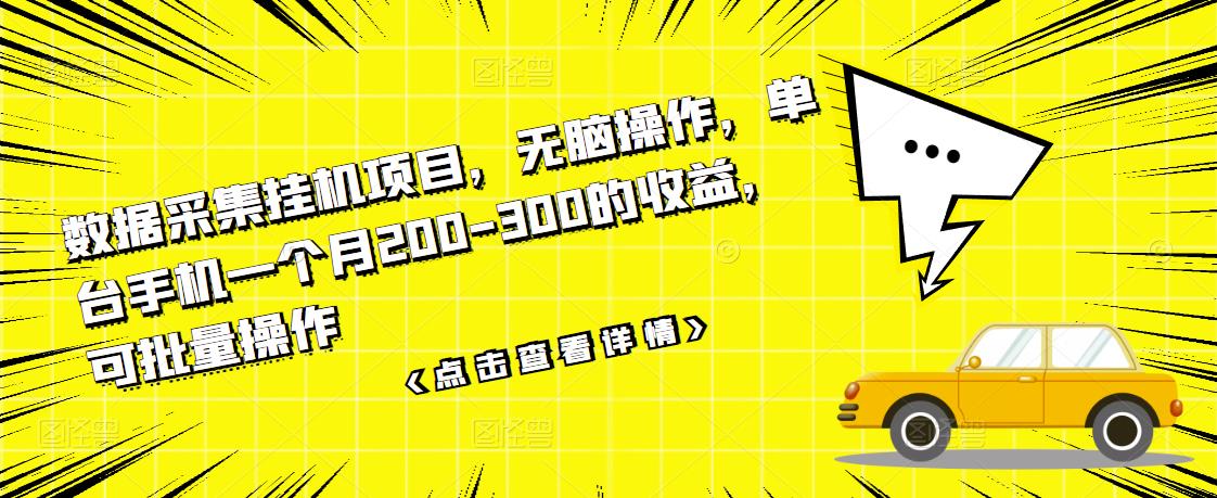 数据采集挂机项目，无脑操作，单台手机一个月200-300的收益，可批量操作-BT网赚资源网