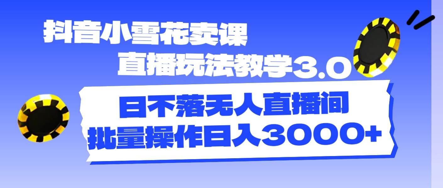 抖音小雪花卖课直播玩法教学3.0，日不落无人直播间，批量操作日入3000+-BT网赚资源网