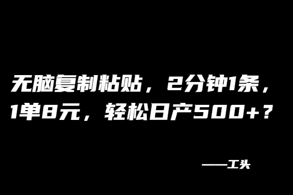 无脑复制粘贴，2分钟1条，1单8元，轻松日产500+？-BT网赚资源网