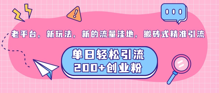 老平台，新玩法，新的流量洼地，搬砖式精准引流，单日轻松引流200+创业粉-BT网赚资源网